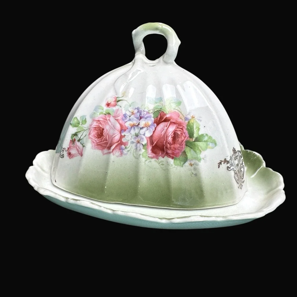 Antique Victorian Porcelain Cheese Butter Dome Rose Floral Green‎ Gold Crest 2pc